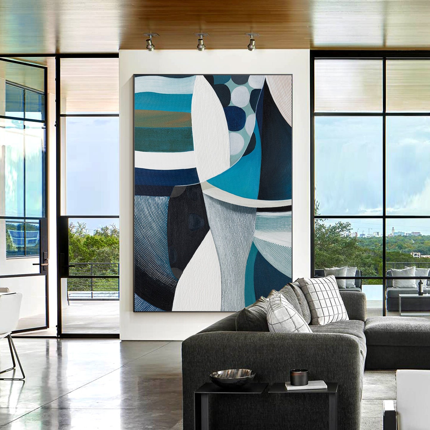 Teal Textured Geometric Painting: Vertical Abstract Canvas Art #2