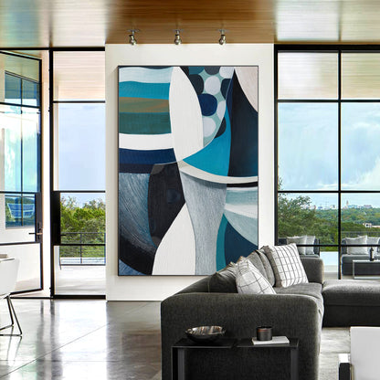 Teal Textured Geometric Painting: Vertical Abstract Canvas Art #2