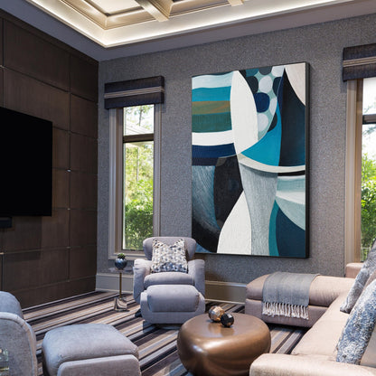 Teal Textured Geometric Painting: Vertical Abstract Canvas Art #3