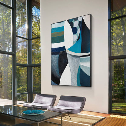 Teal Textured Geometric Painting: Vertical Abstract Canvas Art #5