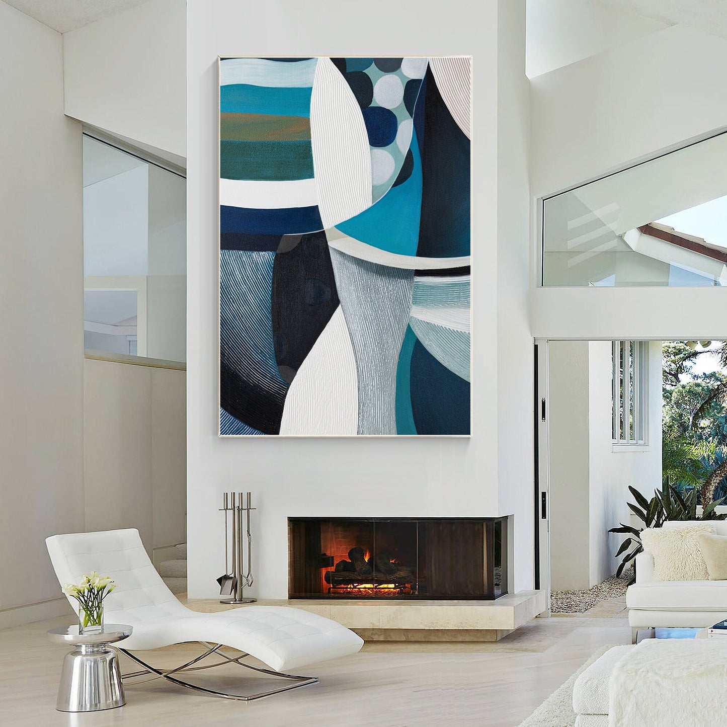 Teal Textured Geometric Painting: Vertical Abstract Canvas Art #6