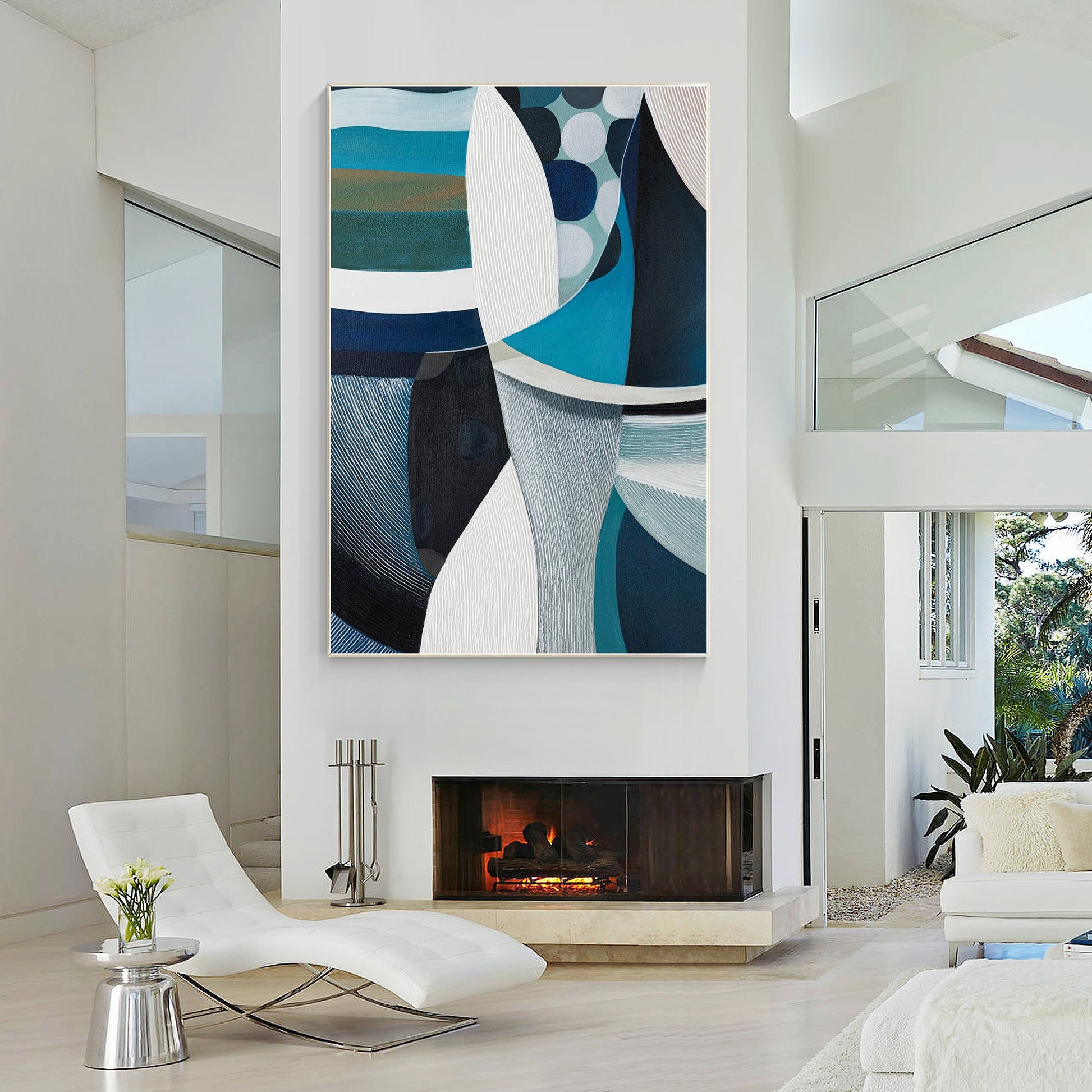 Teal Textured Geometric Painting: Vertical Abstract Canvas Art #6
