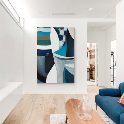 Teal Textured Geometric Painting: Vertical Abstract Canvas Art #1