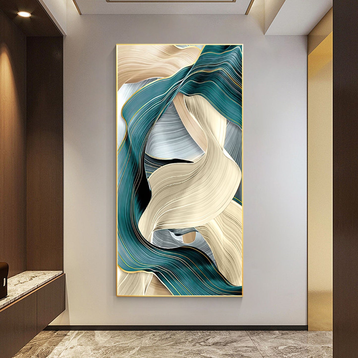 Teal Turquoise Ribbon Art: Abstract Geometric Painting on Canvas #3