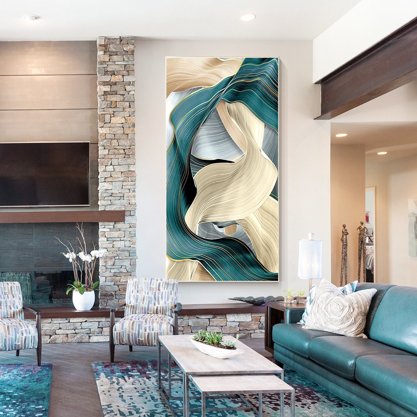 Teal Turquoise Ribbon Art: Abstract Geometric Painting on Canvas #4