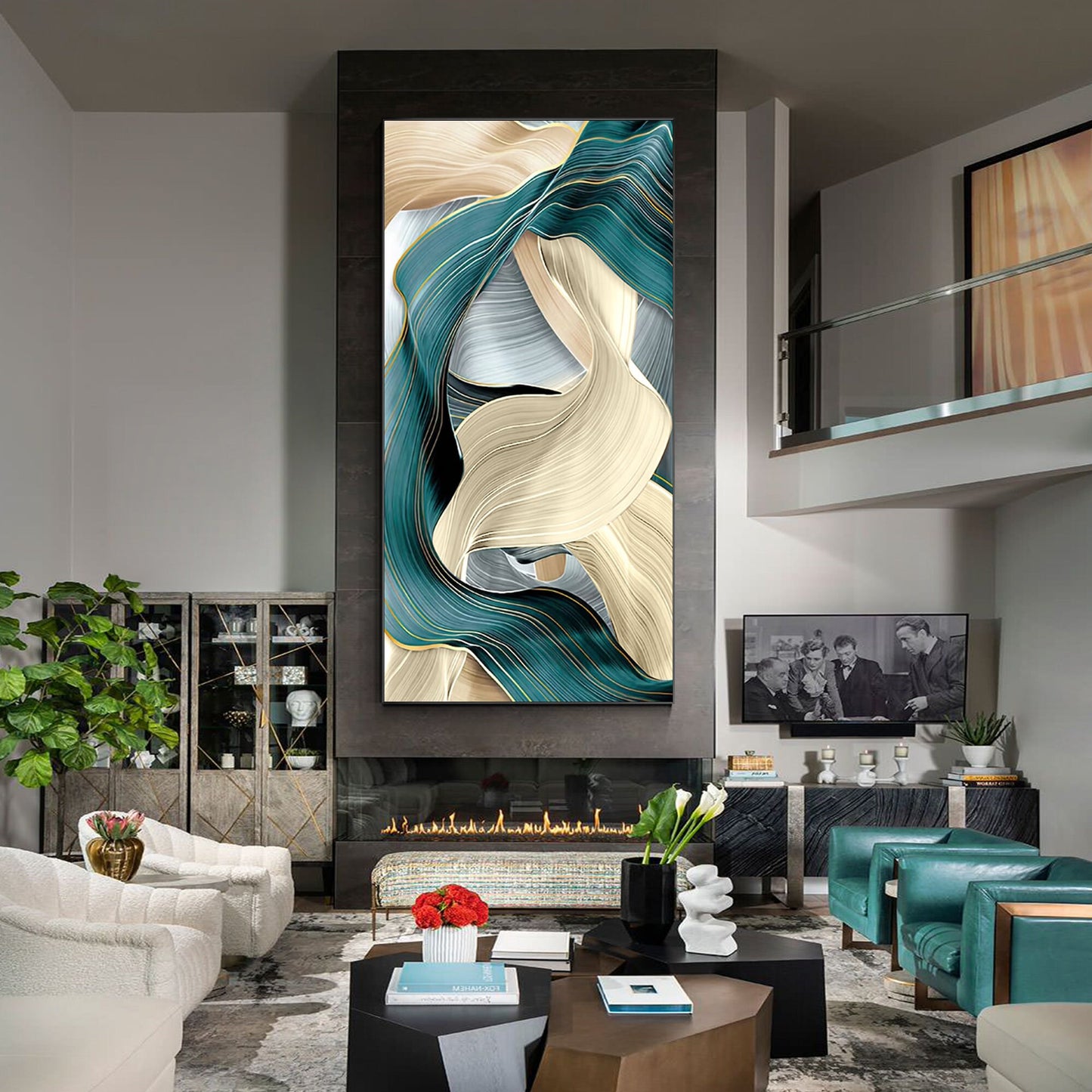 Teal Turquoise Ribbon Art: Abstract Geometric Painting on Canvas #5