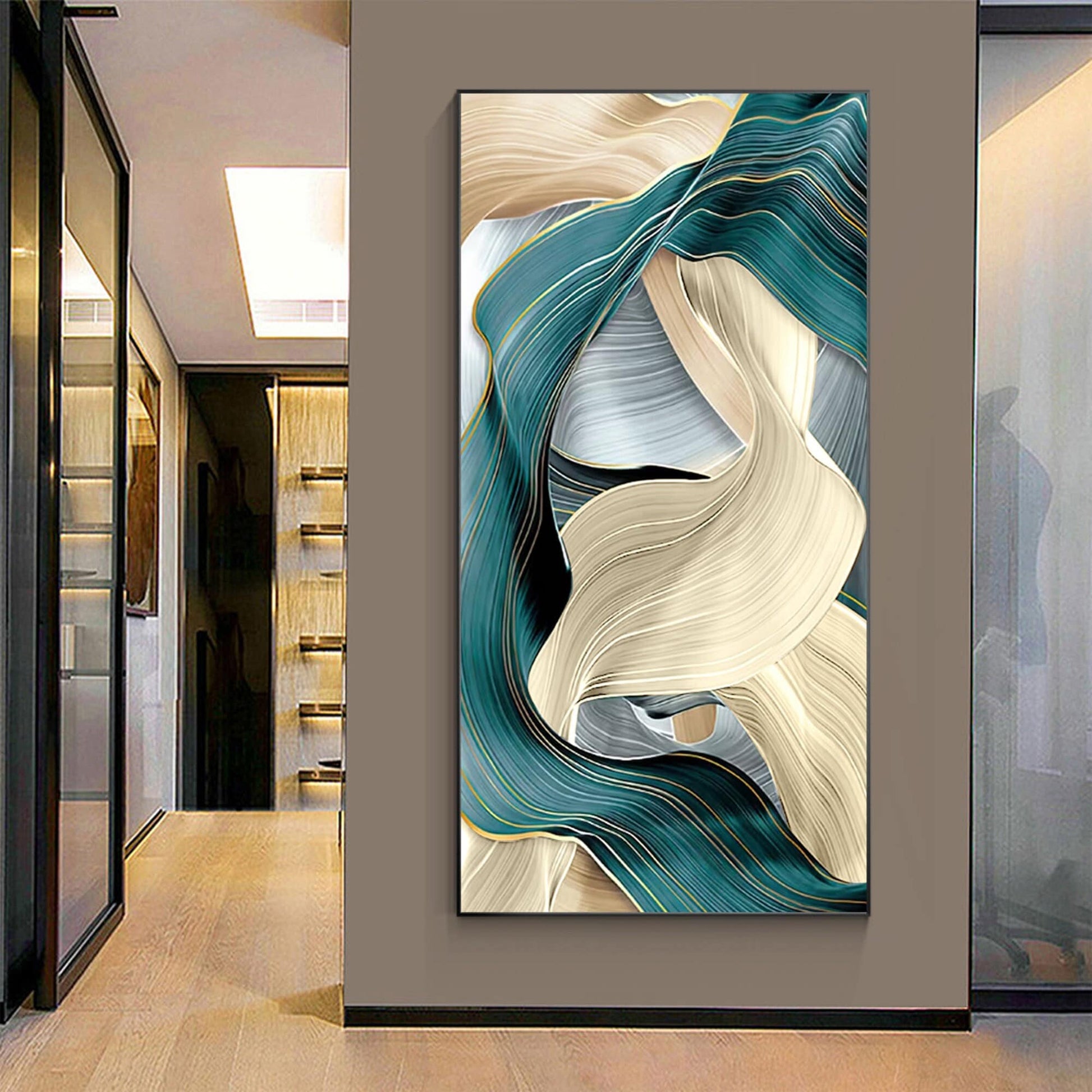 Teal Turquoise Ribbon Art: Abstract Geometric Painting on Canvas #1