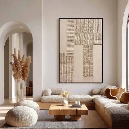 TERRA ALBA: Textured Wabi Sabi Minimalist Abstract Painting | gold frame stretched on neutral wall