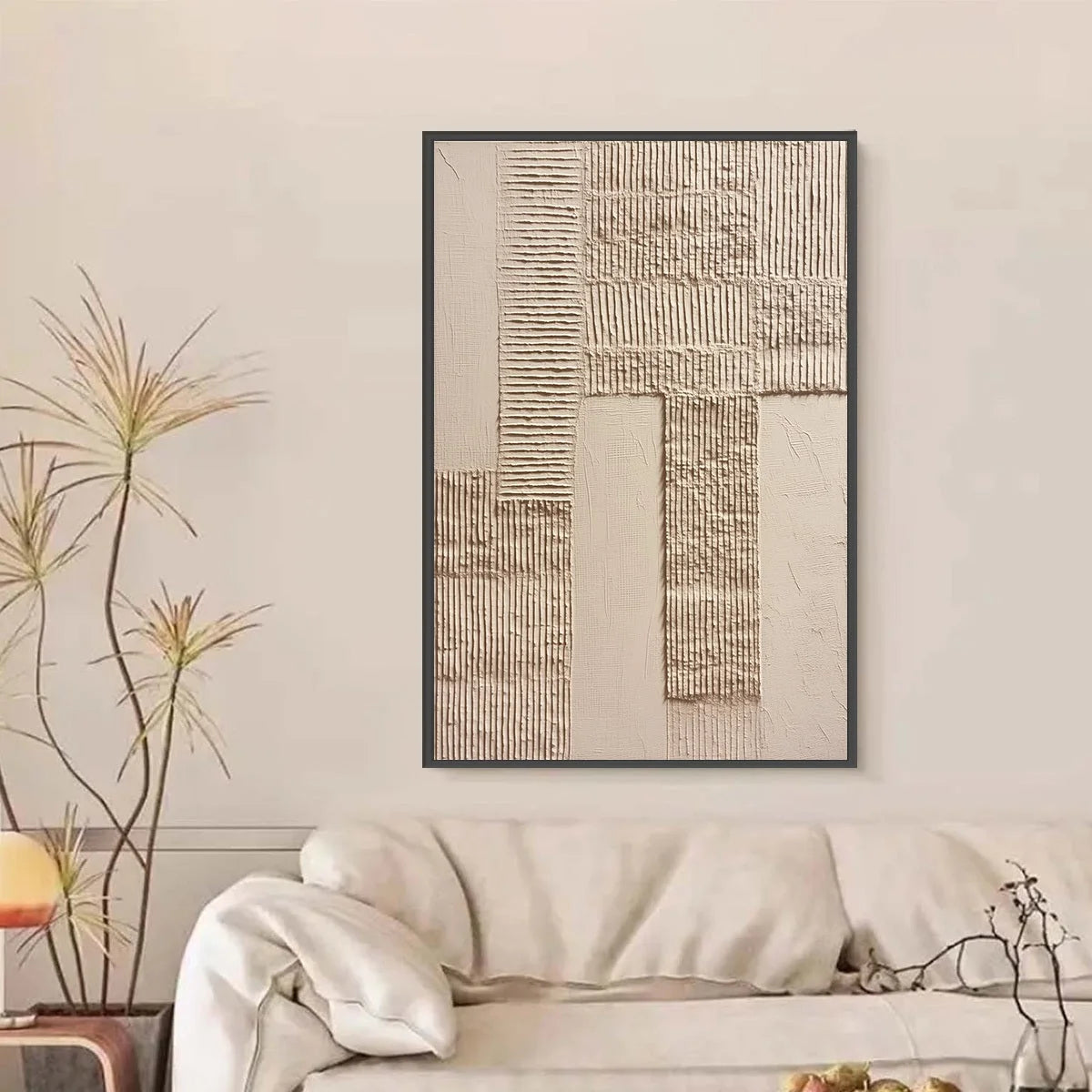 TERRA ALBA: Textured Wabi Sabi Minimalist Abstract Painting | black frame version on white wall