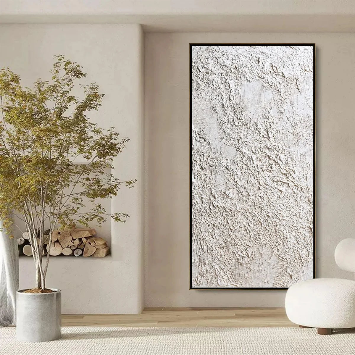 TERRA ALBA: Textured White Wabi Sabi Minimalist Painting | black frame version on white wall