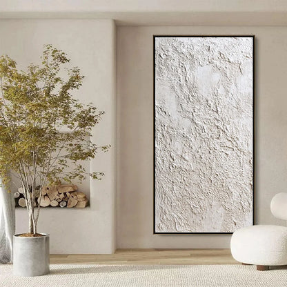 TERRA ALBA: Textured White Wabi Sabi Minimalist Painting | black frame version on white wall