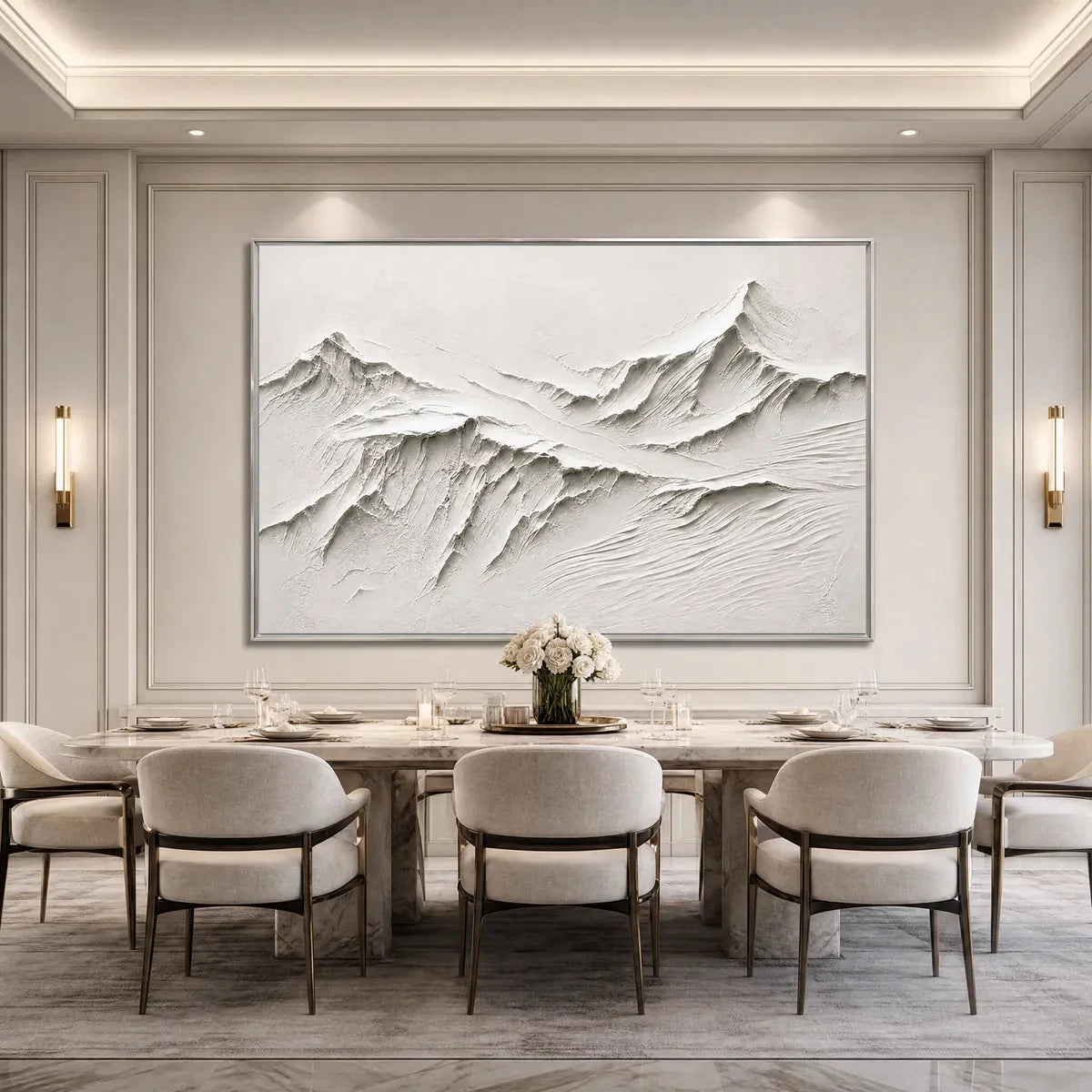 Terra Alba White Textured Mountain Oil Painting | gold frame stretched on wall
