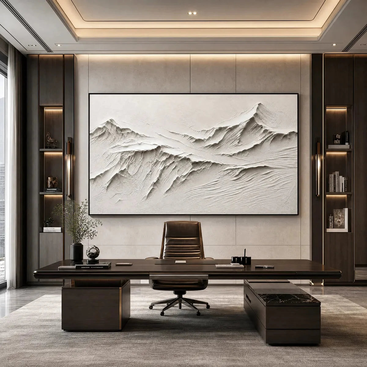 Terra Alba White Textured Mountain Oil Painting | black frame version on white wall
