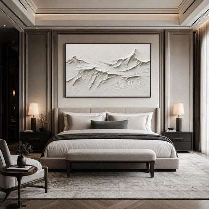 Terra Alba White Textured Mountain Oil Painting | wabi-sabi mountain mood, soft natural light