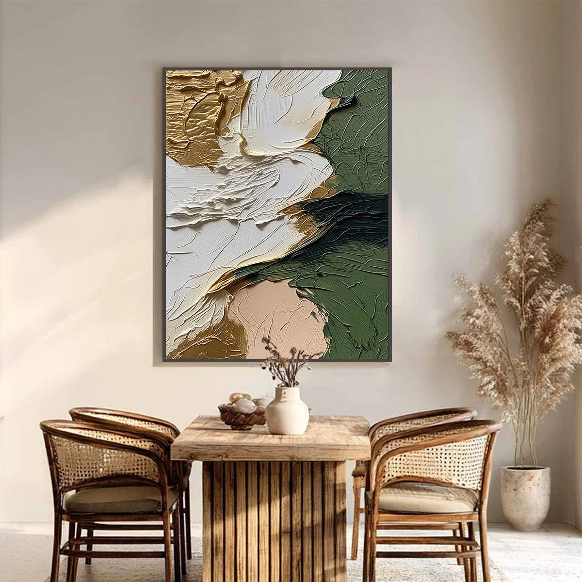 TERRA AUREA: Textured Abstract Impasto Painting in Green and Gold | Abstract closeup, raised brushwork detail
