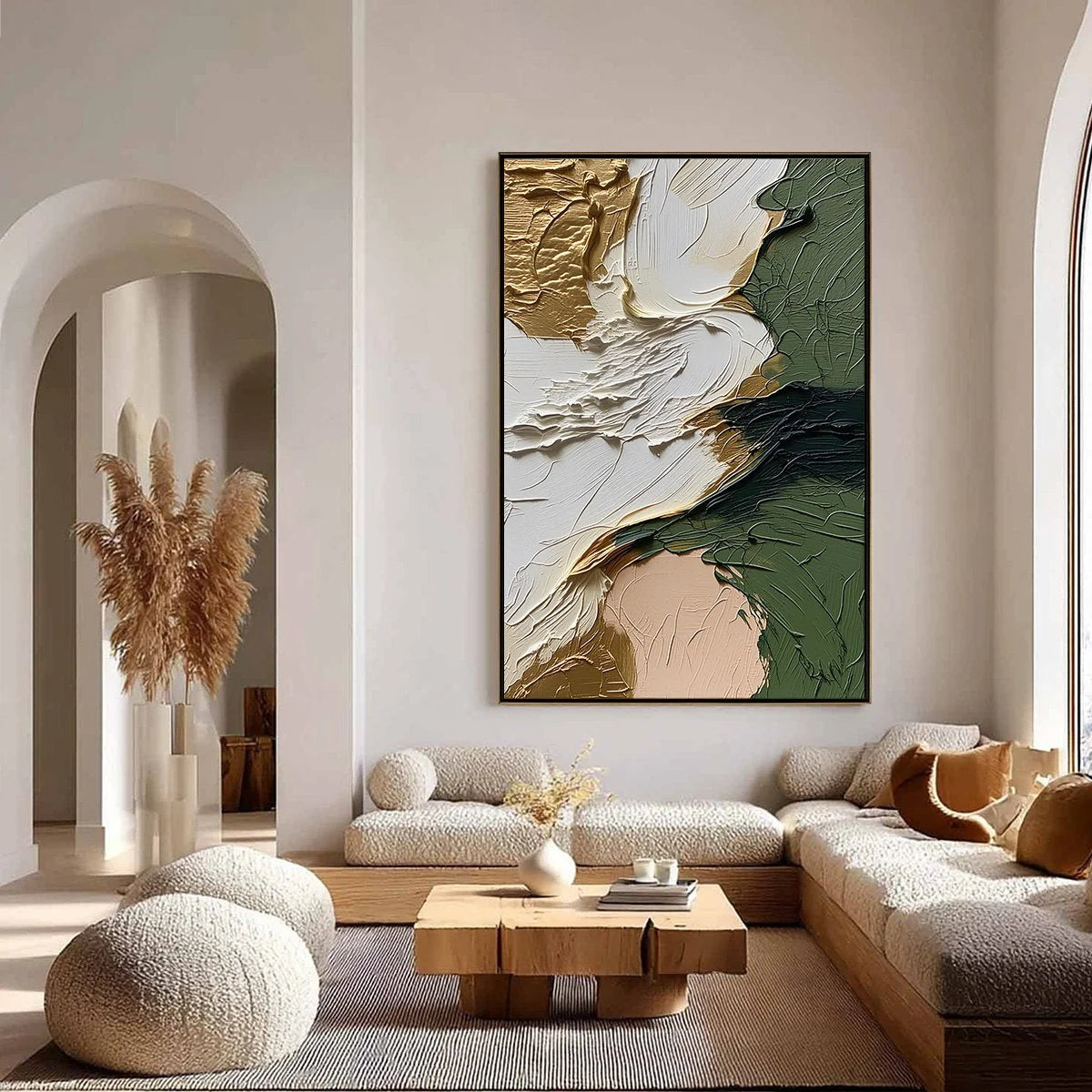 TERRA AUREA: Textured Abstract Impasto Painting in Green and Gold | gold frame stretched on neutral wall