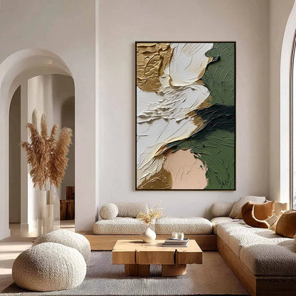 TERRA AUREA: Textured Abstract Impasto Painting in Green and Gold | gold frame stretched on neutral wall