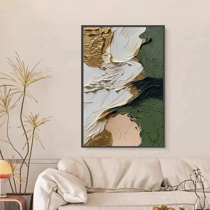 TERRA AUREA: Textured Abstract Impasto Painting in Green and Gold | black frame version on white wall