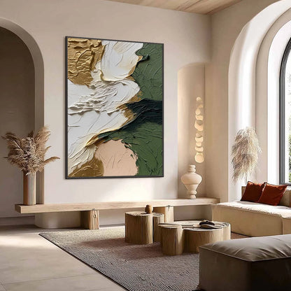 TERRA AUREA: Textured Abstract Impasto Painting in Green and Gold | Abstract mood, soft natural light studio shot