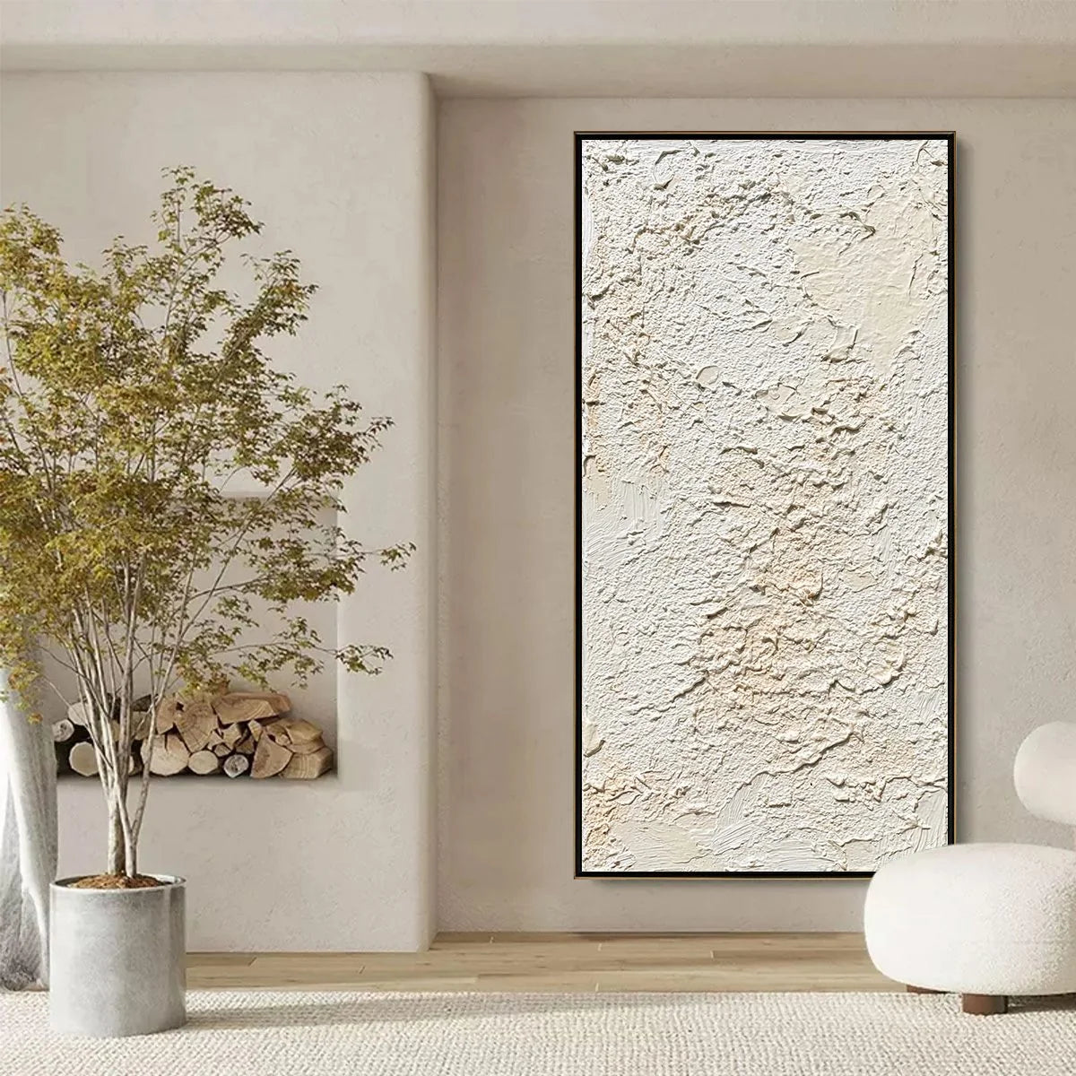 TERRA BLANCA: Heavy Texture Minimalist Wabi Sabi Painting | black frame version on white wall
