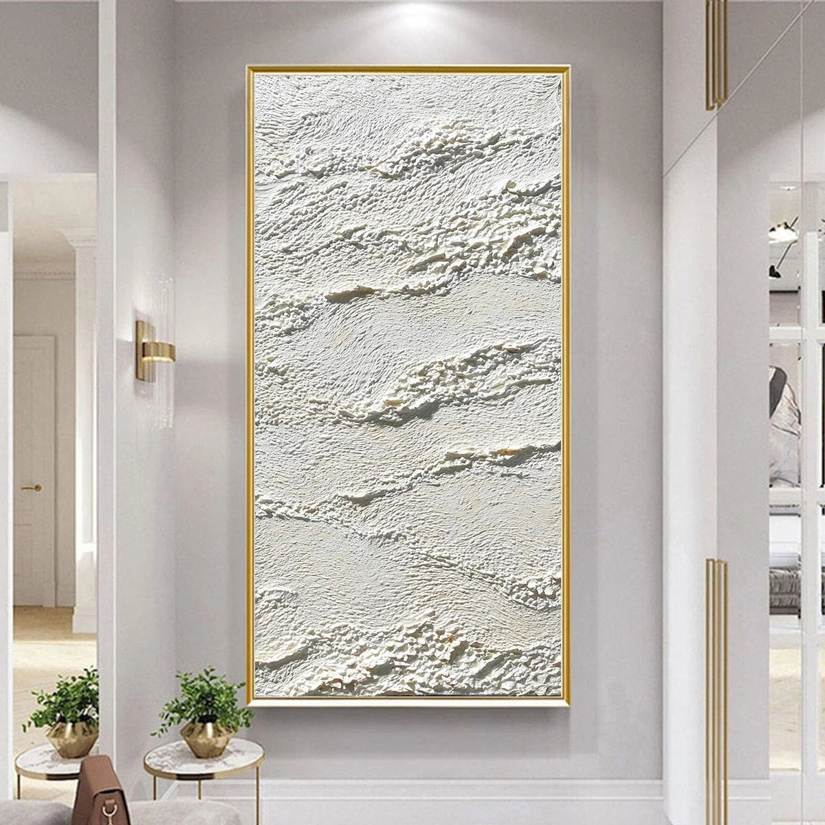TERRA BLANCA: Minimalist Wabi Sabi Textured Abstract Painting | gold frame stretched on neutral wall