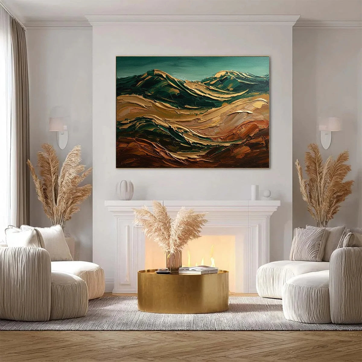TERRA DORATA: Textured Abstract Mountain Landscape Painting | gold frame stretched on neutral wall