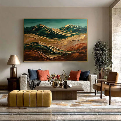 TERRA DORATA: Textured Abstract Mountain Landscape Painting | black frame version on white wall