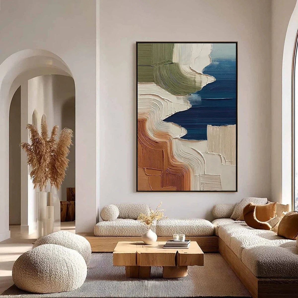 TERRA E MARE: Heavy Texture Abstract Coastal Landscape Painting | gold frame stretched on neutral wall