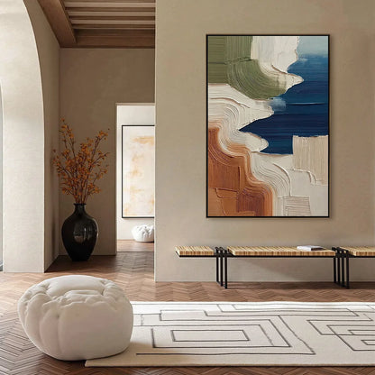 TERRA E MARE: Heavy Texture Abstract Coastal Landscape Painting | black frame version on white wall