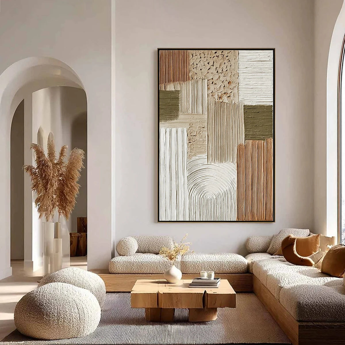 TERRA FIRMA: Heavily Textured Wabi Sabi Abstract Wall Art | gold frame stretched on neutral wall