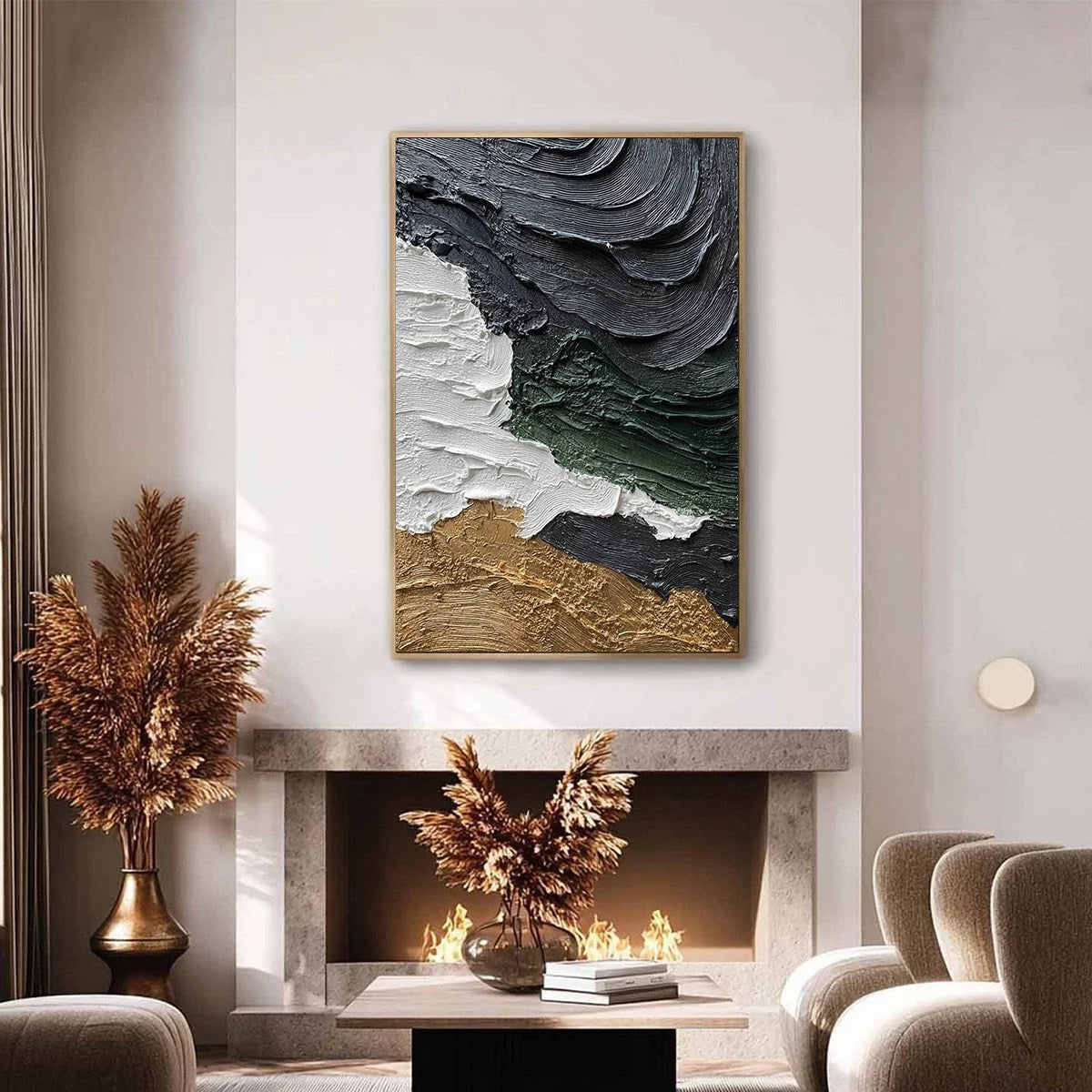 TERRA FIRMA: Heavily Textured Wabi Sabi Abstract Landscape Painting | gold frame stretched on neutral wall