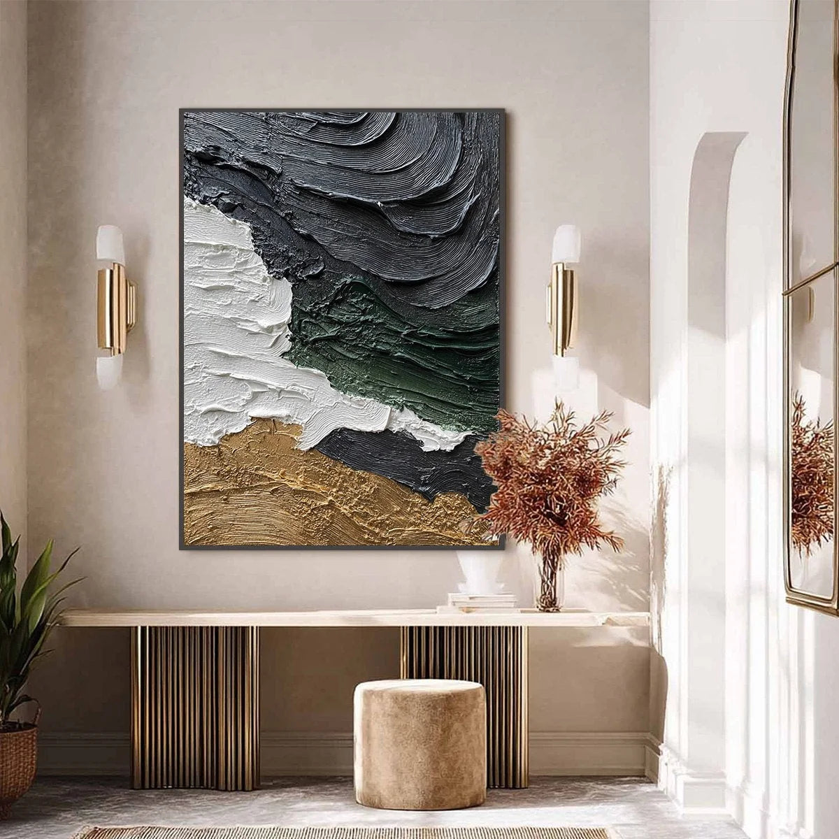 TERRA FIRMA: Heavily Textured Wabi Sabi Abstract Landscape Painting | black frame version on white wall