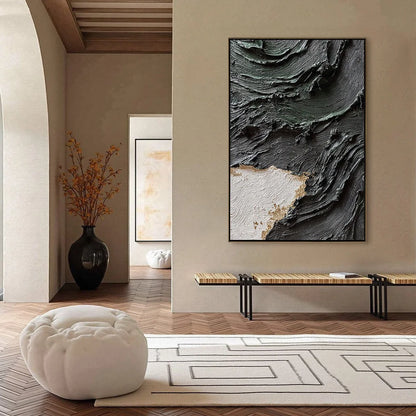 TERRA FIRMA: Heavy Texture Wabi Sabi Abstract Painting with Gold Leaf | gold frame stretched on neutral wall