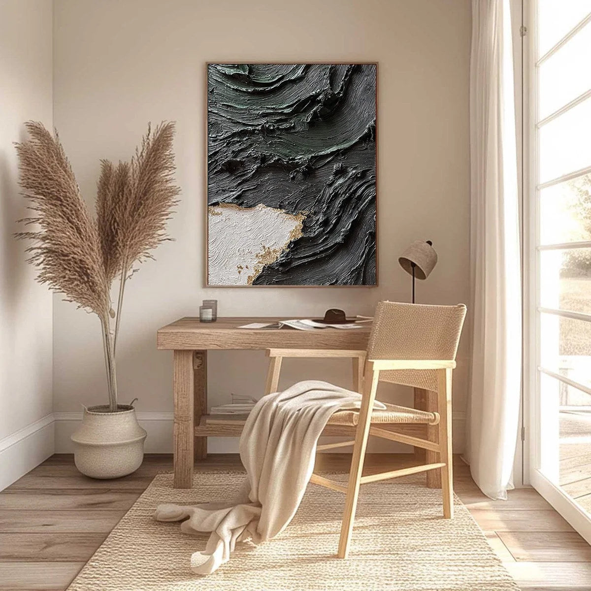 TERRA FIRMA: Heavy Texture Wabi Sabi Abstract Painting with Gold Leaf | black frame version on white wall