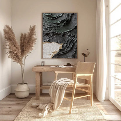 TERRA FIRMA: Heavy Texture Wabi Sabi Abstract Painting with Gold Leaf | black frame version on white wall