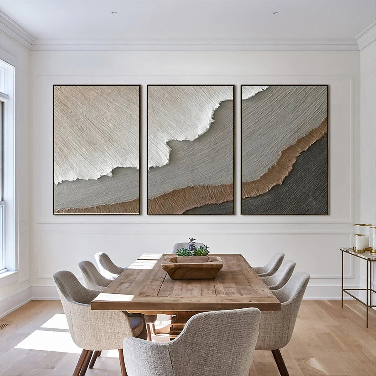 TERRA FIRMA: Textured Abstract Earth Tones Triptych Painting | Abstract closeup, raised brushwork detail