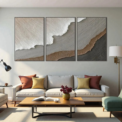 TERRA FIRMA: Textured Abstract Earth Tones Triptych Painting | gold frame stretched on neutral wall