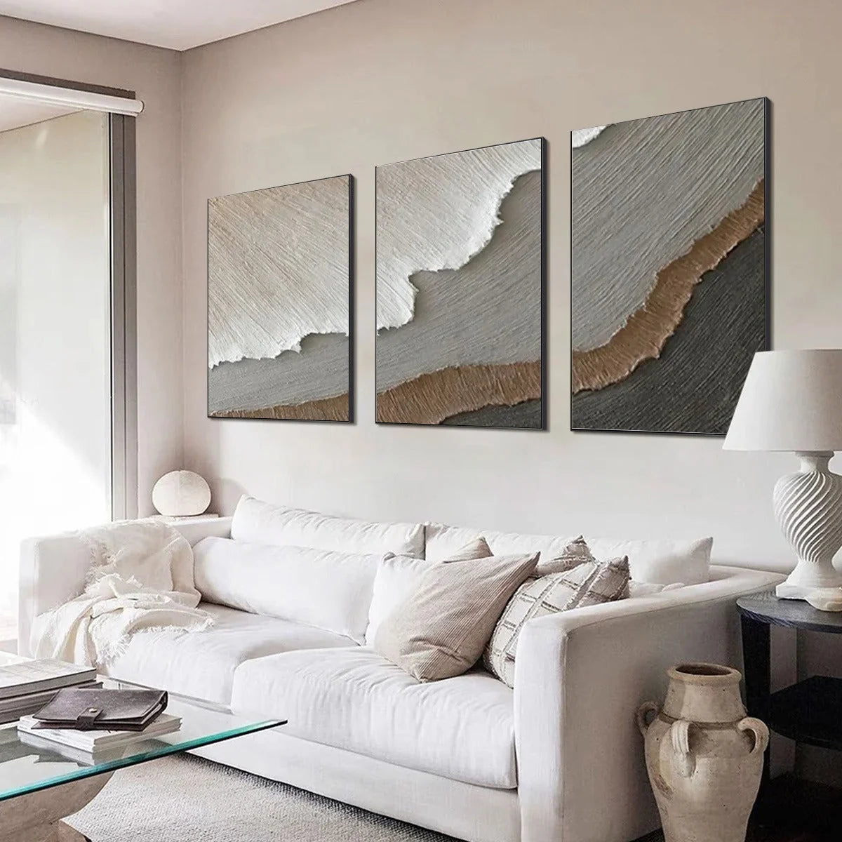 TERRA FIRMA: Textured Abstract Earth Tones Triptych Painting | Abstract mood, soft natural light studio shot