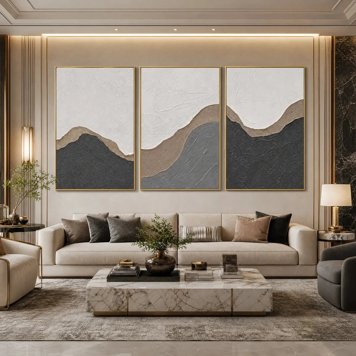 TERRA FIRMA: Textured Minimalist Abstract Earth-Tone Triptych | gold frame stretched on neutral wall