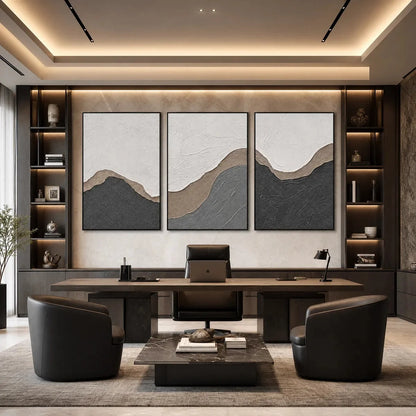 TERRA FIRMA: Textured Minimalist Abstract Earth-Tone Triptych | black frame version on white wall