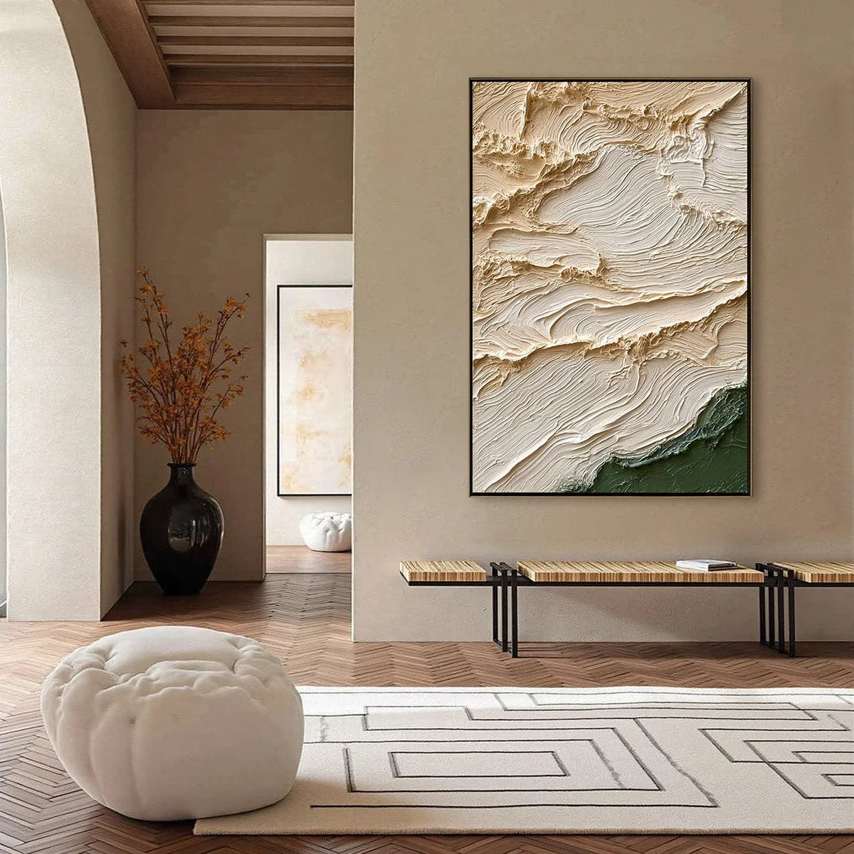 TERRA FIRMA: Textured Wabi Sabi Abstract Oil Painting Wall Art | gold frame stretched on neutral wall