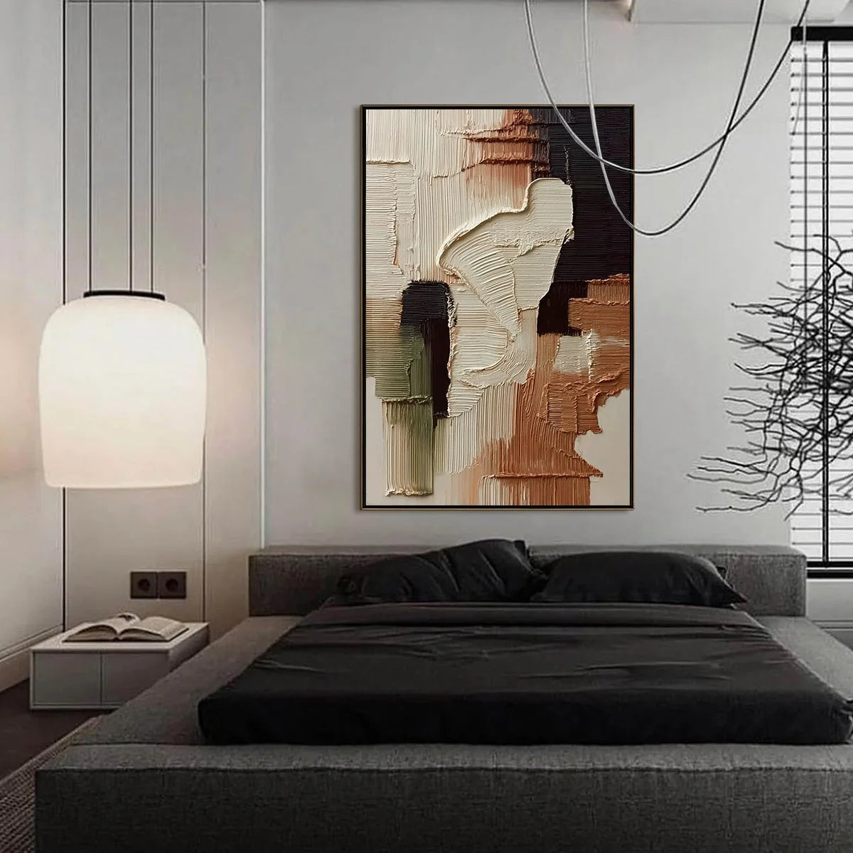 TERRA FIRMA: Vertical Wabi Sabi Textured Abstract Wall Art | gold frame stretched on neutral wall