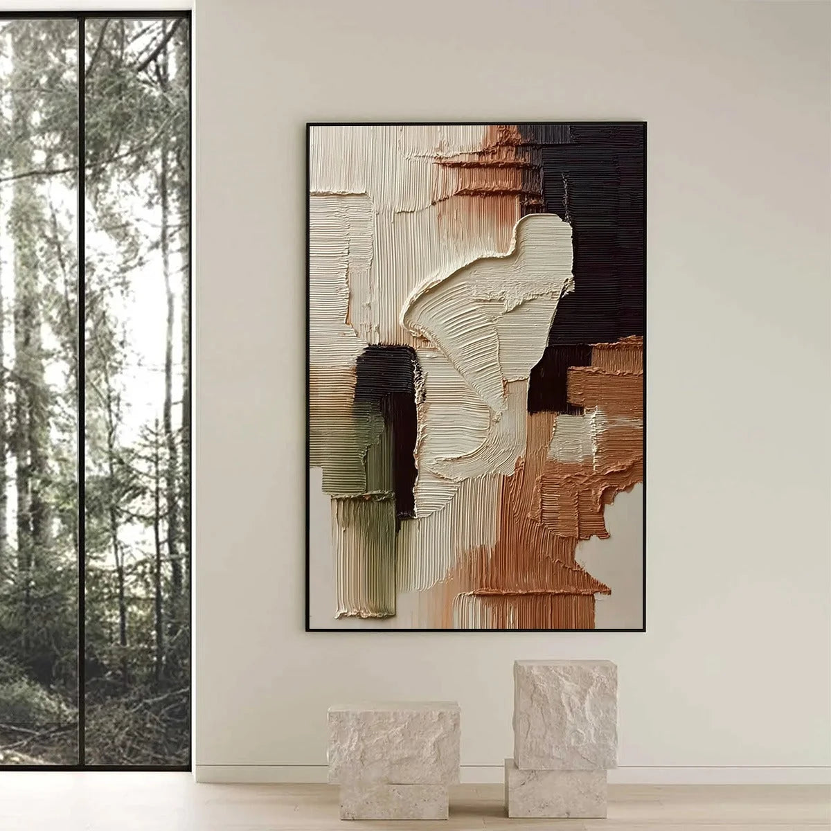 TERRA FIRMA: Vertical Wabi Sabi Textured Abstract Wall Art | black frame version on white wall