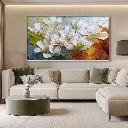 TERRA FLORA: Textured Palette Knife Floral Impasto Oil Painting | gold frame stretched on neutral wall