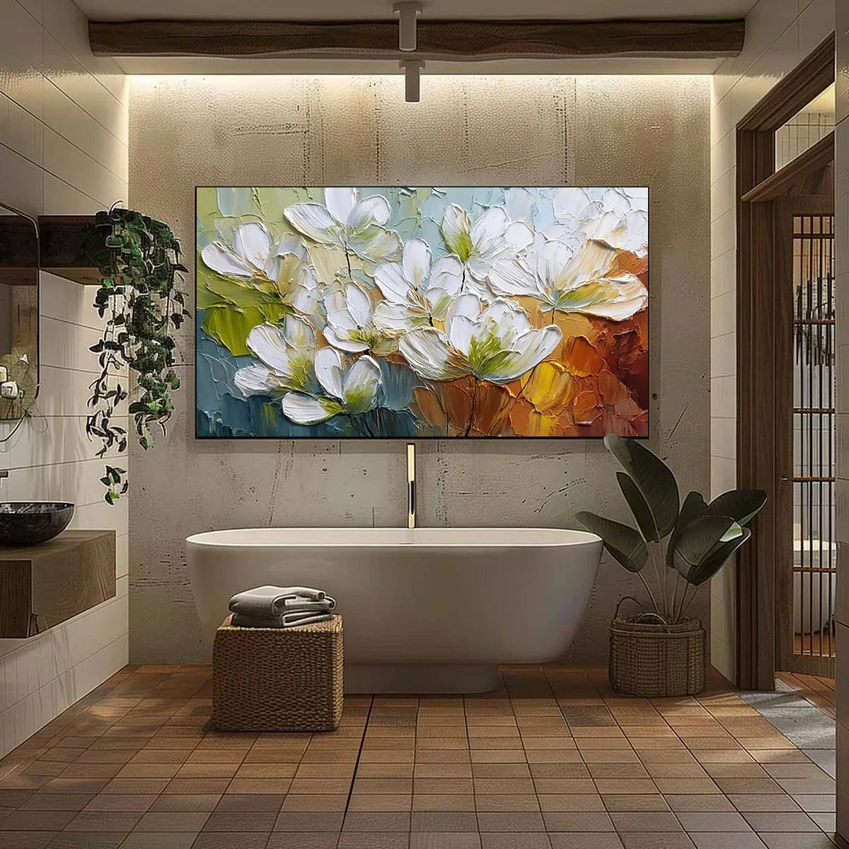 TERRA FLORA: Textured Palette Knife Floral Impasto Oil Painting | black frame version on white wall