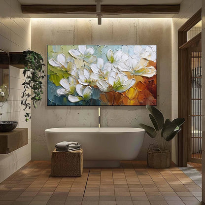 TERRA FLORA: Textured Palette Knife Floral Impasto Oil Painting | black frame version on white wall