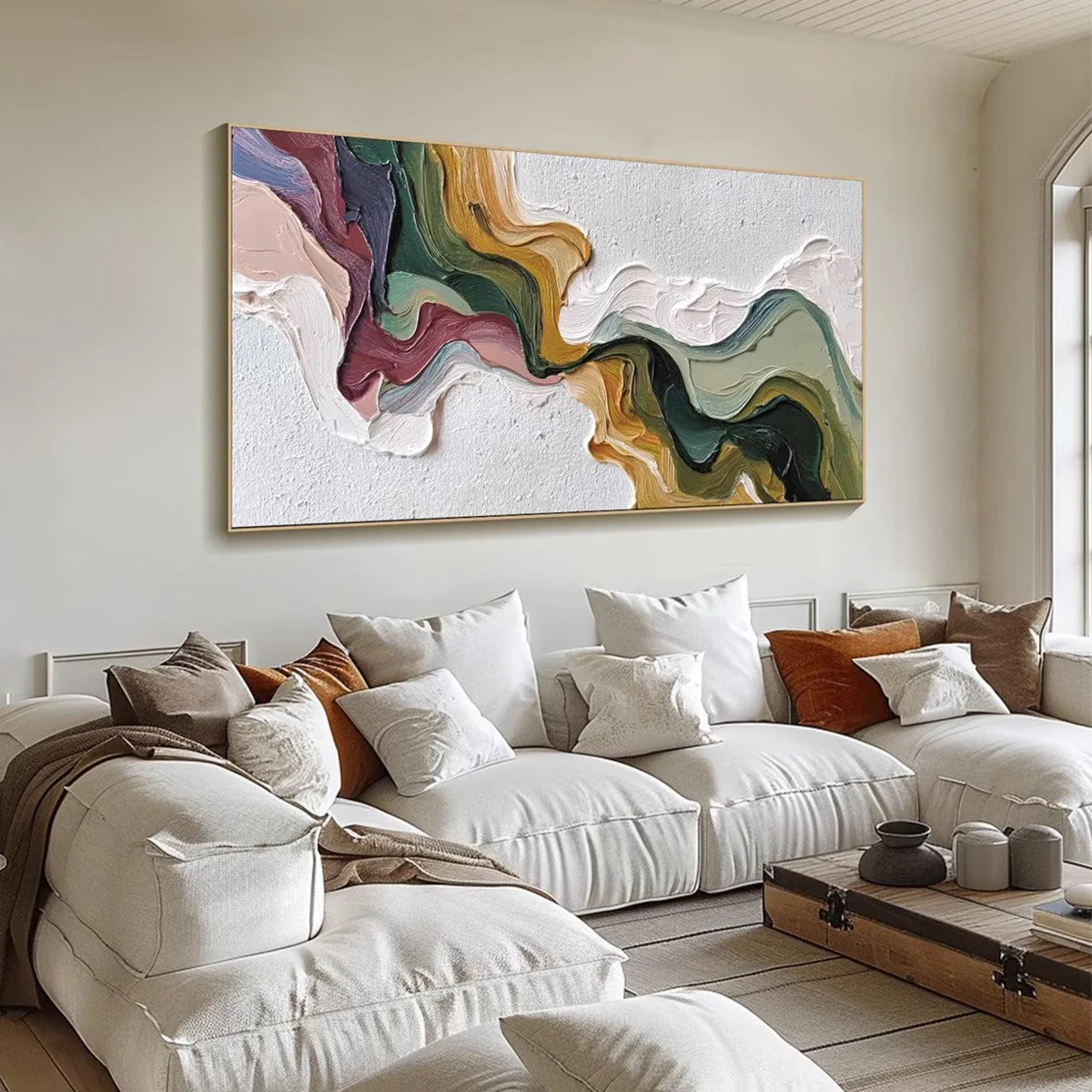 TERRA FLOW: Textured Abstract Earth Tone Panoramic Painting | texture detail, palette knife marks visible