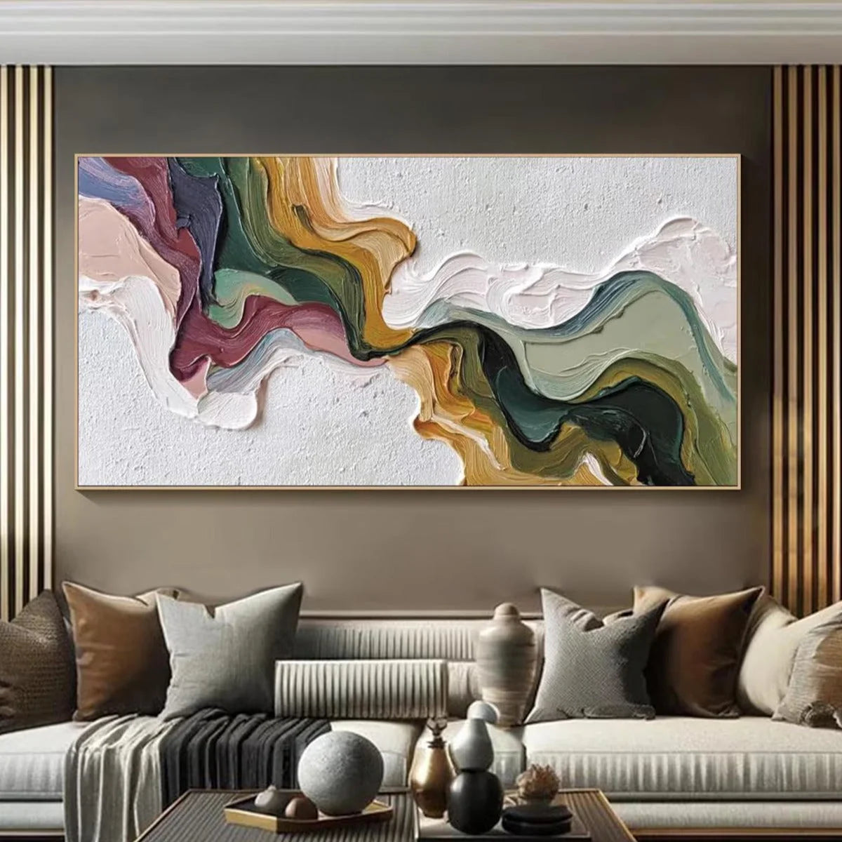 TERRA FLOW: Textured Abstract Earth Tone Panoramic Painting | gold frame stretched on neutral wall