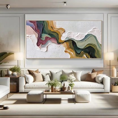 TERRA FLOW: Textured Abstract Earth Tone Panoramic Painting | black frame version on white wall