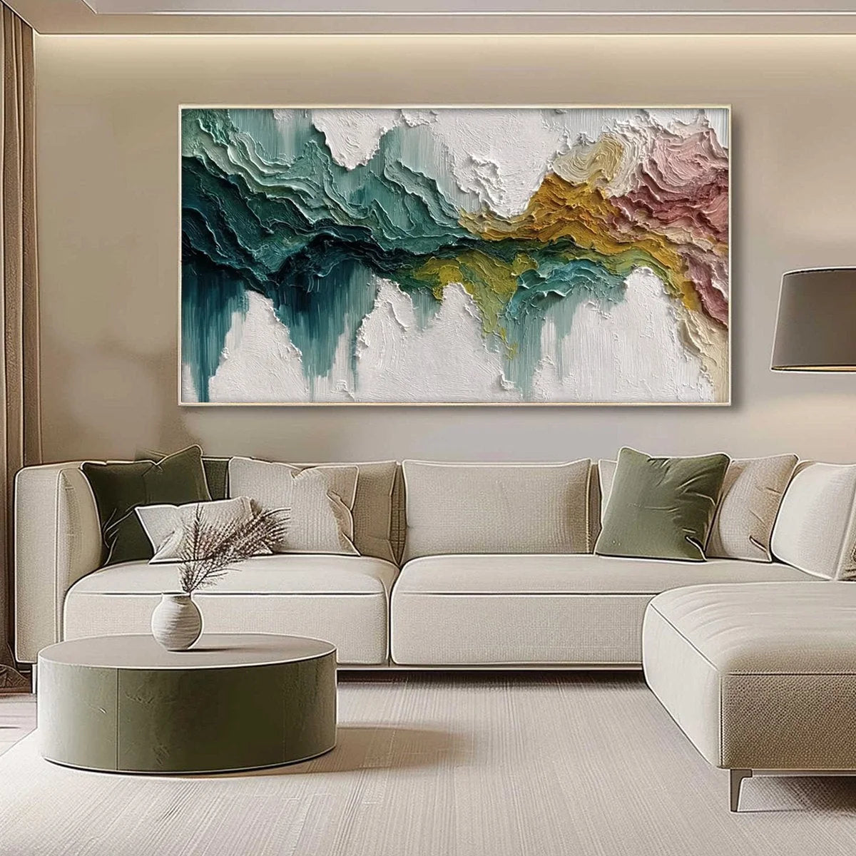 TERRA FLOW: Textured Abstract Landscape Impasto Oil Painting | gold frame stretched on neutral wall